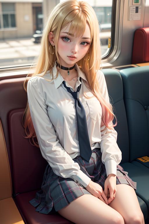 A close up of a woman sitting on a bench wearing a tie - SeaArt AI