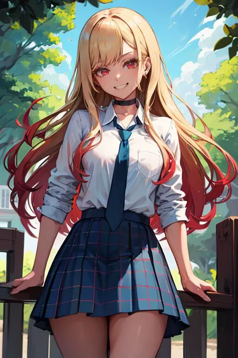 masterpiece, best quality, highres, kitagawa marin, 1girl, blonde hair, long hair, multicolored hair, red eyes, jewelry, earrings, piercing, school uniform, white shirt, tied shirt, black choker, blue necktie, plaid skirt, <lora:kitagawa_marin_v1-1:0.7>, grin, smile, standing, cowboy shot, outdoors,