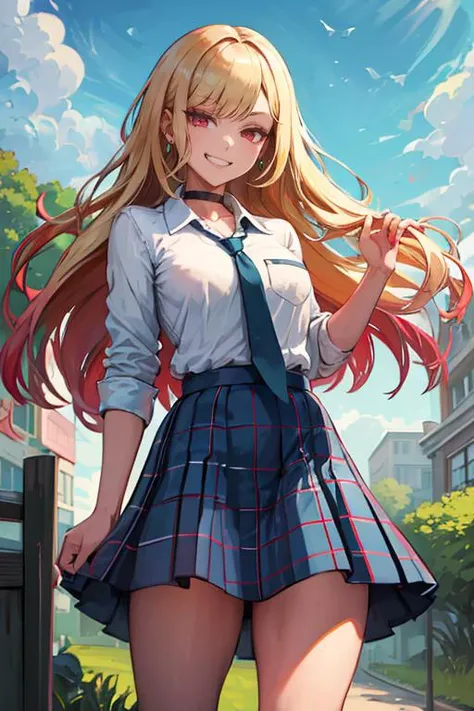 masterpiece, best quality, highres, kitagawa marin, 1girl, blonde hair, long hair, multicolored hair, red eyes, jewelry, earrings, piercing, school uniform, white shirt, tied shirt, black choker, blue necktie, plaid skirt, <lora:kitagawa_marin_v1-1:0.7>, grin, smile, standing, cowboy shot, outdoors,