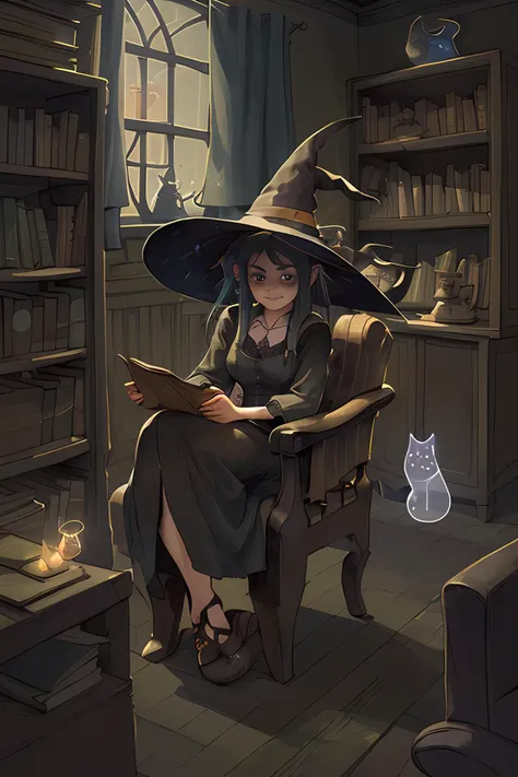 smiz , witch sitting in an old armchair with the ghost of a cat by her side, shelves with books,
<lora:Smiz_v1:1>