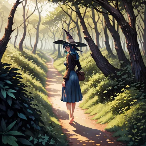 a barefoot woman walking in the forest, smiz <lora:Smiz_v1-000050:1>