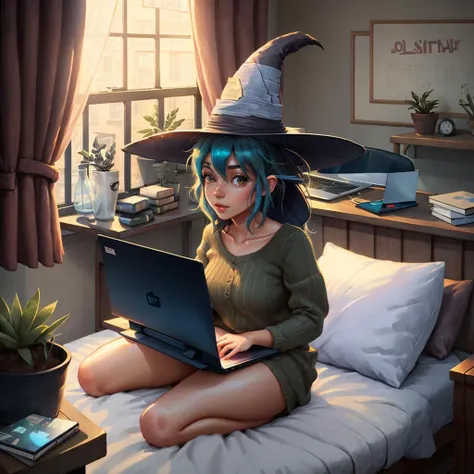 a woman on bed with laptop, smiz <lora:Smiz_v1-000050:1>