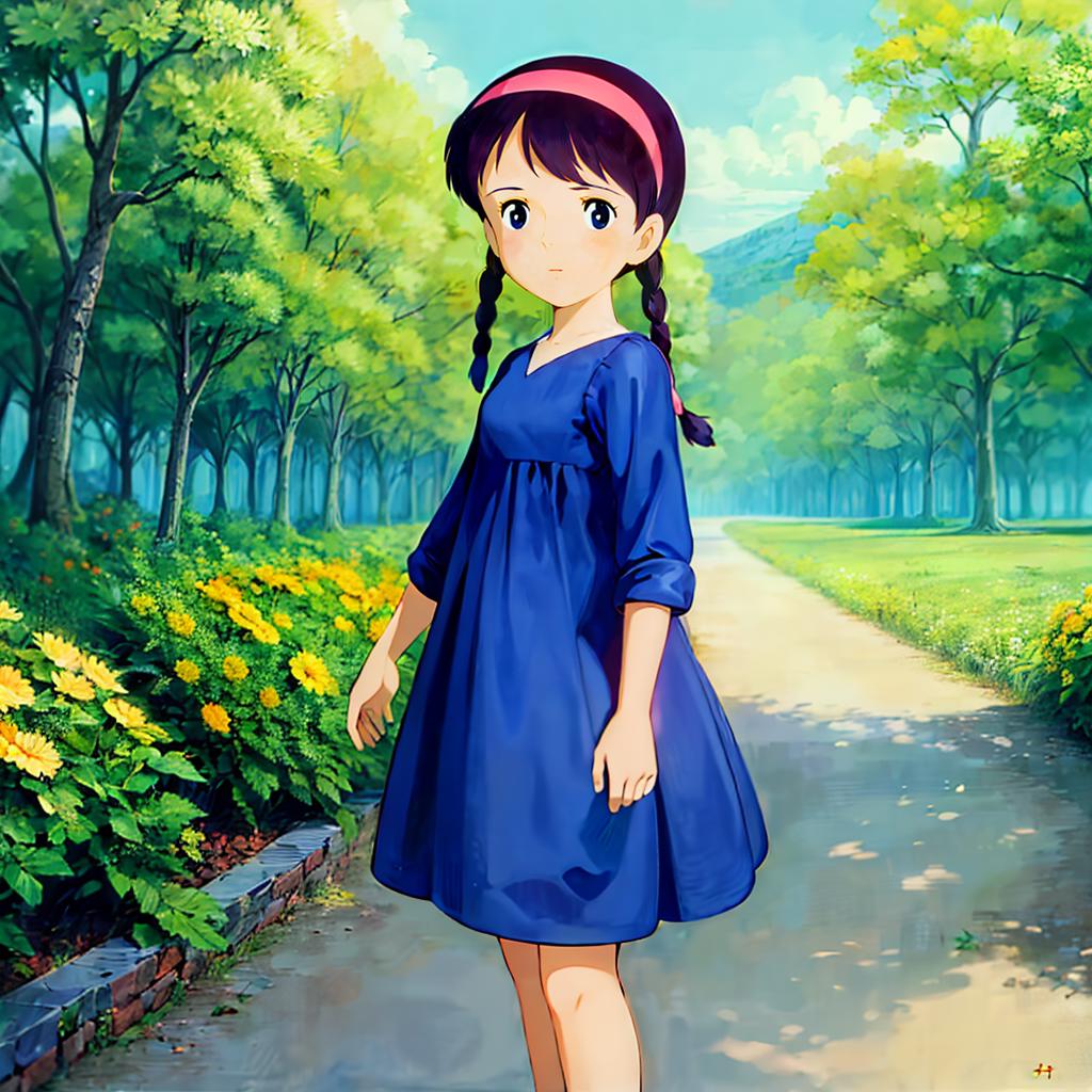 Anime girl in blue dress standing on a path in a park - SeaArt AI
