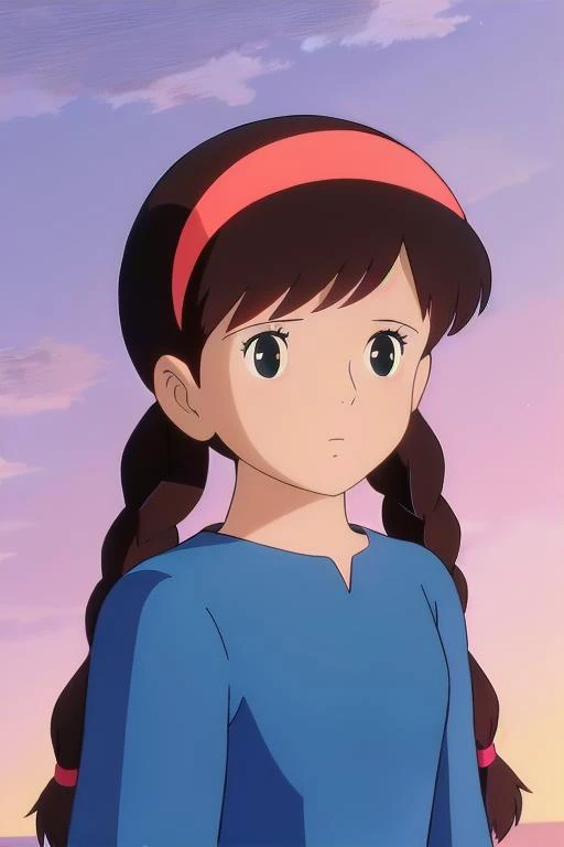 <lora:Sheeta002:0.7>,Sheeta,1girl,hairband,braids,|| blue_dress,black eyes,black hair,brown hair,official style,retro artstyle,1990s \(style\),solo,anime coloring,looking_at_viewer,