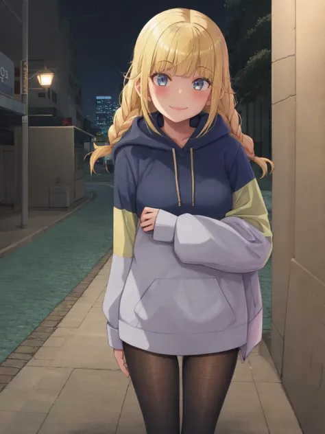 SLE, mksks style, detailed background solo, 1girl, tsukimi-eiko, blonde hair, white hoodie, hood down, long sleeves, black pantyhose, standing, own hands together, v arms, seductive smile, blush, looking at viewer, cowboy shot, city, sidewalk, night, city lights, neon lights, lampposts, outdoors