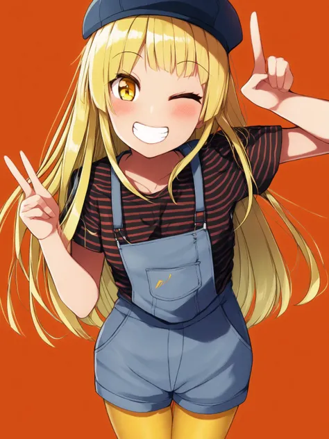 SLE, mksks style, detailed background solo, 1girl, tsurumaki kokoro, overalls, yellow pantyhose, standing, double v, smile, grin, teeth, looking at viewer, one eye closed, cowboy shot, simple background, red background