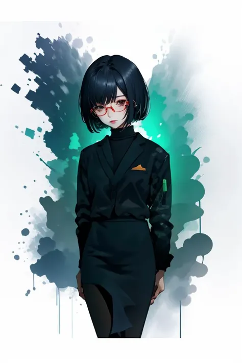 (Fixed Drawing:1.3) of (Technical illustration:1.3) <lora:edgArmoredCore6Allmind:1> bob cut,blunt bangs,two tone hair,golden earrings,black suit,necktie, green eyes,pencil skirt,glasses,(Kinemacolor:1.3), <lora:LCM_LoRA_Weights_SD15:1>