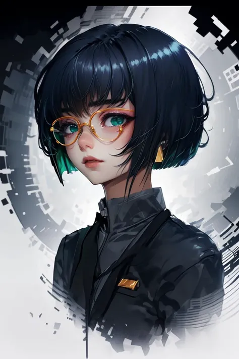 (Rough sketch:1.3) <lora:edgArmoredCore6Allmind:1> bob cut,blunt bangs,two tone hair,golden earrings,black suit,necktie, green eyes,pencil skirt,glasses,(Cathode tube:1.3),(close portrait:1.3),(Feminine:1.4),(beautiful:1.4),(attractive:1.3),handsome,calendar pose,perfectly detailed eyes,studio lighting,thematic background, <lora:LCM_LoRA_Weights_SD15:1>