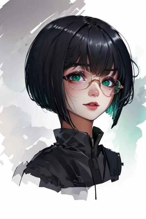 (Sketch:1.3) <lora:edgArmoredCore6Allmind:1> bob cut,blunt bangs,two tone hair,golden earrings,black suit,necktie, green eyes,pencil skirt,glasses,(Colorful:1.3),(close portrait:1.3),(Feminine:1.4),(beautiful:1.4),(attractive:1.3),handsome,calendar pose,perfectly detailed eyes,studio lighting,thematic background, <lora:LCM_LoRA_Weights_SD15:1>
