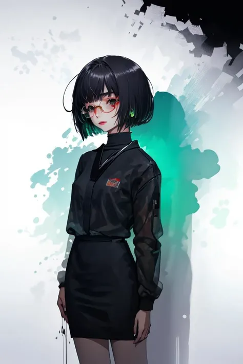 (Venerable Painting:1.3) of (Sketch:1.3) <lora:edgArmoredCore6Allmind:1> bob cut,blunt bangs,two tone hair,golden earrings,black suit,necktie, green eyes,pencil skirt,glasses,(Desaturated:1.3), <lora:LCM_LoRA_Weights_SD15:1>