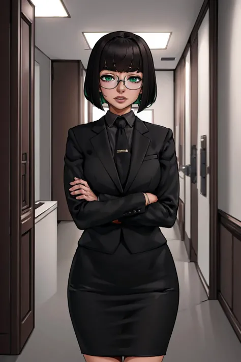 (masterpiece, best quality:1.2), 1girl, solo, looking at viewer, <lora:shelter:0.95> shelter, <lora:edgArmoredCore6Allmind:0.95> edgAllmind, bob cut, blunt bangs, two tone hair, golden earrings, black suit, necktie, green eyes, pencil skirt, glasses
