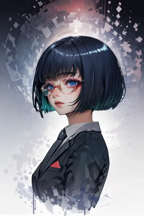(Illustration:1.3) <lora:edgArmoredCore6Allmind:1> bob cut,blunt bangs,two tone hair,golden earrings,black suit,necktie, green eyes,pencil skirt,glasses,(Purple hue:1.3),(close portrait:1.3),(Feminine:1.4),(beautiful:1.4),(attractive:1.3),handsome,calendar pose,perfectly detailed eyes,studio lighting,thematic background, <lora:LCM_LoRA_Weights_SD15:1>