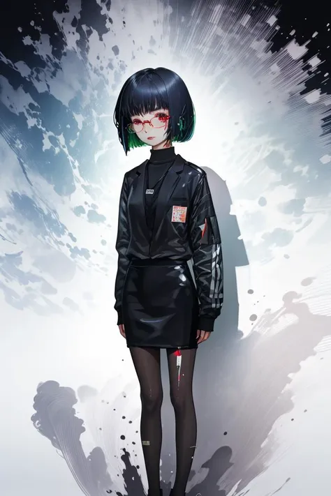(Fixed Painting:1.3) of (Graphic novel:1.3) <lora:edgArmoredCore6Allmind:1> bob cut,blunt bangs,two tone hair,golden earrings,black suit,necktie, green eyes,pencil skirt,glasses,(Magenta hue:1.3), <lora:LCM_LoRA_Weights_SD15:1>