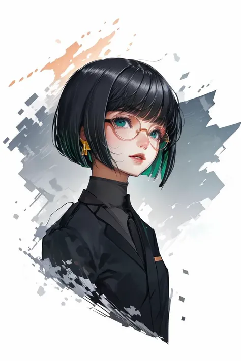 (Boyish Drawing:1.3) of (Ultra detailed:1.3) <lora:edgArmoredCore6Allmind:1> bob cut,blunt bangs,two tone hair,golden earrings,black suit,necktie, green eyes,pencil skirt,glasses,(Muted Colors:1.3), <lora:LCM_LoRA_Weights_SD15:1>
