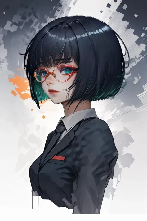 (Illustration:1.3) <lora:edgArmoredCore6Allmind:1> bob cut,blunt bangs,two tone hair,golden earrings,black suit,necktie, green eyes,pencil skirt,glasses,(Saturated:1.3),(close portrait:1.3),(Feminine:1.4),(beautiful:1.4),(attractive:1.3),handsome,calendar pose,perfectly detailed eyes,studio lighting,thematic background, <lora:LCM_LoRA_Weights_SD15:1>