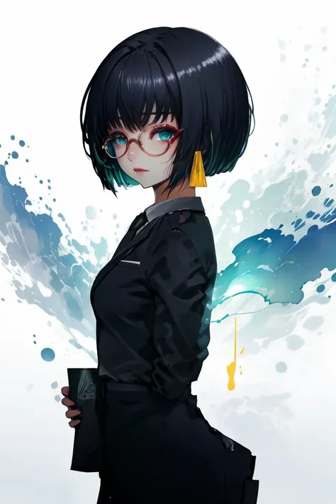 (Magical Painting:1.3) of (Visual novel:1.3) <lora:edgArmoredCore6Allmind:1> bob cut,blunt bangs,two tone hair,golden earrings,black suit,necktie, green eyes,pencil skirt,glasses,(Desaturated:1.3), <lora:LCM_LoRA_Weights_SD15:1>