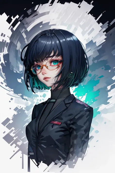 (Cel shading:1.3) <lora:edgArmoredCore6Allmind:1> bob cut,blunt bangs,two tone hair,golden earrings,black suit,necktie, green eyes,pencil skirt,glasses,(Warm Colors:1.3),(close portrait:1.3),(Feminine:1.4),(beautiful:1.4),(attractive:1.3),handsome,calendar pose,perfectly detailed eyes,studio lighting,thematic background, <lora:LCM_LoRA_Weights_SD15:1>