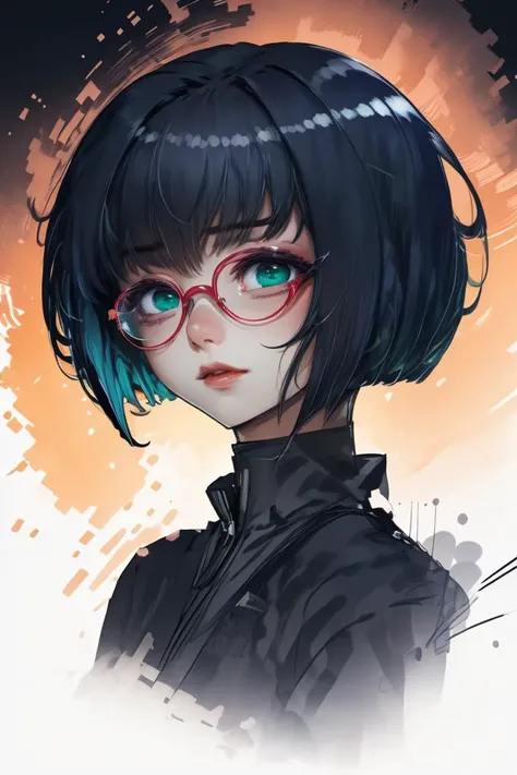 (Sketched:1.3) <lora:edgArmoredCore6Allmind:1> bob cut,blunt bangs,two tone hair,golden earrings,black suit,necktie, green eyes,pencil skirt,glasses,(Magenta hue:1.3),(close portrait:1.3),(Feminine:1.4),(beautiful:1.4),(attractive:1.3),handsome,calendar pose,perfectly detailed eyes,studio lighting,thematic background, <lora:LCM_LoRA_Weights_SD15:1>