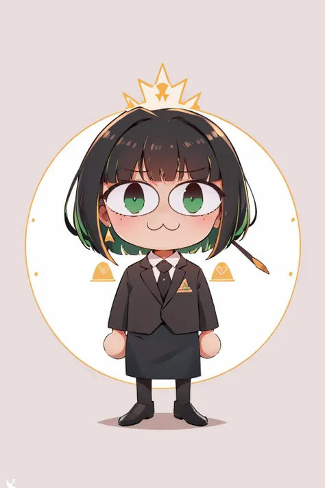 (masterpiece, best quality:1.2), chibi, solo, 1girl, necoarc, edgallmind, :3, bob cut, blunt bangs, two tone hair, slit pupils, golden earrings, black suit, necktie, green eyes, pencil skirt <lora:necoarc:1> <lora:edgArmoredCore6Allmind:0.8>