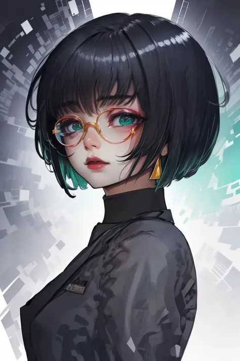 (Graphic novel:1.3) <lora:edgArmoredCore6Allmind:1> bob cut,blunt bangs,two tone hair,golden earrings,black suit,necktie, green eyes,pencil skirt,glasses,(Technicolor:1.3),(close portrait:1.3),(Feminine:1.4),(beautiful:1.4),(attractive:1.3),handsome,calendar pose,perfectly detailed eyes,studio lighting,thematic background, <lora:LCM_LoRA_Weights_SD15:1>