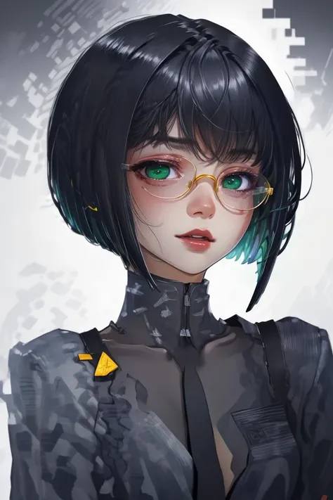 (Realistic:1.3) <lora:edgArmoredCore6Allmind:1> bob cut,blunt bangs,two tone hair,golden earrings,black suit,necktie, green eyes,pencil skirt,glasses,(Yellow hue:1.3),(close portrait:1.3),(Feminine:1.4),(beautiful:1.4),(attractive:1.3),handsome,calendar pose,perfectly detailed eyes,studio lighting,thematic background, <lora:LCM_LoRA_Weights_SD15:1>