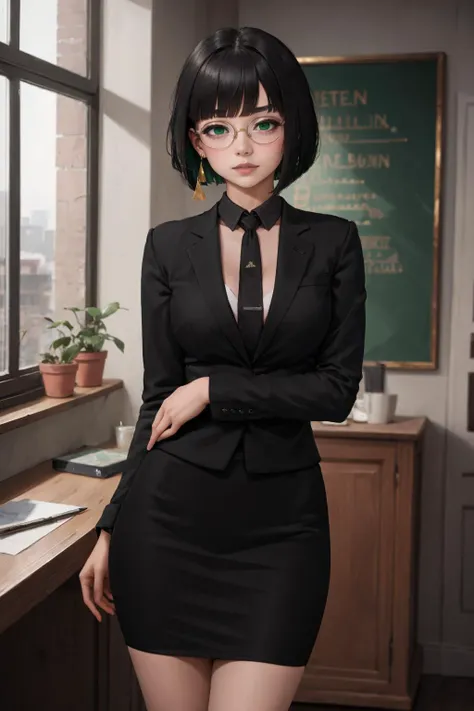 masterpiece, best quality, 8K RAW photo, film grain, bokeh, boudoir <lora:edgArmoredCore6Allmind:.8> edgAllmind, bob cut,blunt bangs,two tone hair,golden earrings,black suit,necktie, green eyes,pencil skirt,glasses,