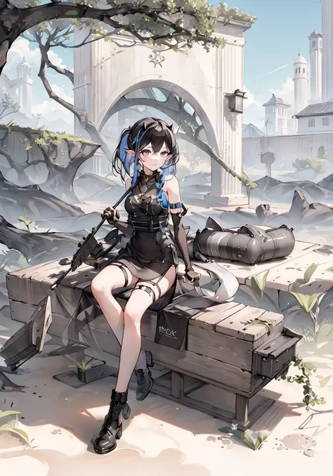 ((masterpiece,best quality)), 4k, highres, 1girl, solo, full body, black dress, elbow gloves, fingerless gloves, sleeveless, horns, tail, thigh strap, sitting, outdoors, <lora:blacknight20:0.8>