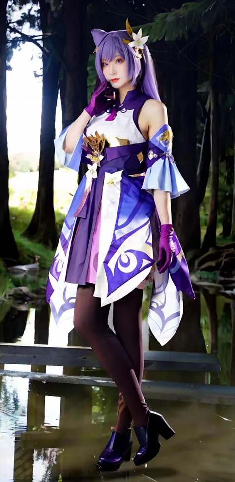 a photo of a woman named keqing genshin impact, solo, long hair, looking at viewer and facing viewer, bangs, hair ornament, hair flower, gloves, standing,bare shoulders, twintails, standing, purple eyes, full body, purple hair, cosplay, from front, pantyhose, photorealistic, realistic, sidelocks, detached sleeves, wide sleeves, double bun, cone hair bun high heels,purple dress, purple gloves, purple footwear ,(Hands hanging naturally),<lyco:keqing genshin impactV2:0.9>,full body,(Detailed facial features, detailed eyes, detailed nose, detailed lips), best quality and best aesthetic, Fujifilm XT3,film still,film grain,cinematic,<lyco:film grainV2:0.8>,(Stream, forest, water reflecting sunlight, natural light),(depth of field,bokeh)