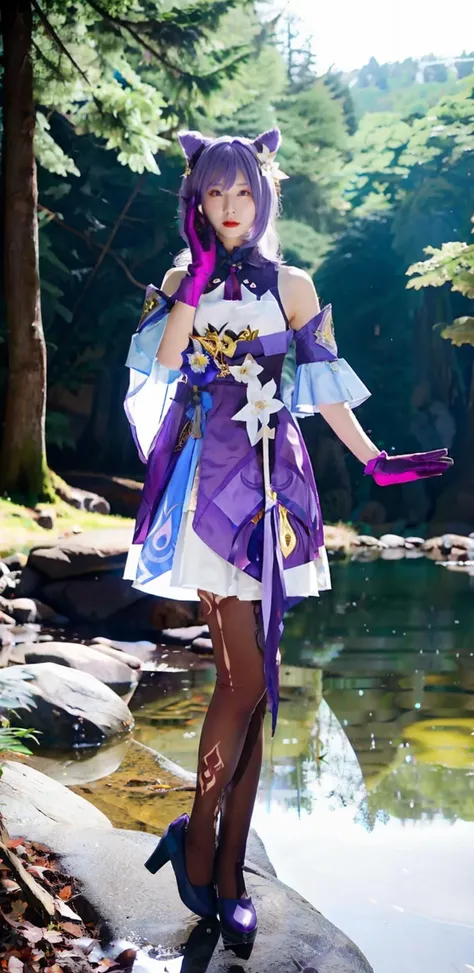 a photo of a woman named keqing genshin impact, solo, long hair, looking at viewer and facing viewer, bangs, hair ornament, hair flower, gloves, standing,bare shoulders, twintails, standing, purple eyes, full body, purple hair, cosplay, from front, pantyhose, photorealistic, realistic, sidelocks, detached sleeves, wide sleeves, double bun, cone hair bun high heels,purple dress, purple gloves, purple footwear ,(Hands hanging naturally),<lyco:keqing genshin impactV2:0.9>,full body,(Detailed facial features, detailed eyes, detailed nose, detailed lips), best quality and best aesthetic, Fujifilm XT3,film still,film grain,cinematic,<lyco:film grainV2:0.8>,(Stream, forest, water reflecting sunlight, natural light),(depth of field,bokeh)