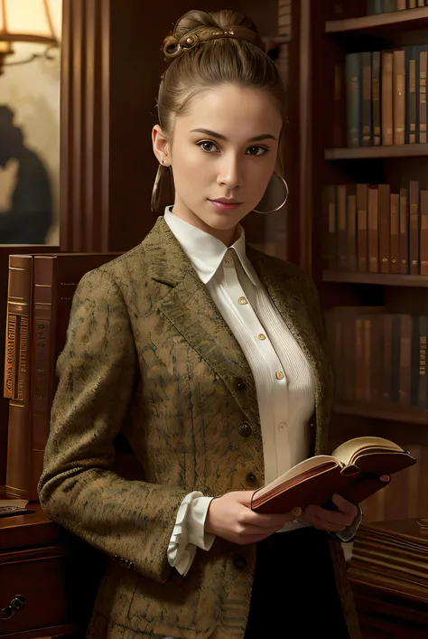 photo of (AnaKa5V1:0.99), a woman as a librarian, modelshoot style, ((top bun hair)),(extremely detailed CG unity 8k wallpaper), photo of the most beautiful artwork in the world, professional majestic oil painting by Ed Blinkey, Atey Ghailan, Studio Ghibli, by Jeremy Mann, Greg Manchess, Antonio Moro, trending on ArtStation, trending on CGSociety, Intricate, High Detail, Sharp focus, dramatic, photorealistic painting art by midjourney and greg rutkowski, (tweed jacket:1.1), ((library)), ((standing behind table with books)), ((bookcases in the background)), (looking at viewer:1.3), (detailed pupils:1.3), (modern outfit:1.2), (closeup), absurdres, <lora:epiNoiseoffset_v2:1.2>