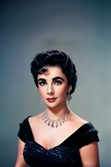 <lora:ewizabettaywow1:0.9> , A Realistic full body portrait of actress Elizabeth Taylor with black Hair Style, Beautiful, ((Perfect Eyes)), (Eye makeup:1.1), Lipstick, looking at viewer, detailed face, (highly detailed skin:1.1), Perfect Body, (wearing a diamond necklace and earings), ((wearing a classic black strapless gown designed by Chanel)), Modelshoot style, Professional Photography, Dramatic Lighting, (Dark shadows), Photorealistic, ((standing in a dark studio background)), blurred background, RAW, analog style, sharp focus, 8k, high resolution, DSLR, high quality, Fujifilm XT3, film grain, award winning, masterpiece,