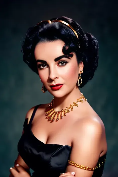 <lora:ewizabettaywow1:0.8> , A Realistic full portrait Picture of young actress Elizabeth Taylor with black Hair Style, Beautiful, ((Perfect Eyes)), (Eye makeup:1.1), Lipstick, looking at viewer, detailed face, smile, (highly detailed skin:1.1), Perfect Body, (wearing a gold necklace and earings), ((wearing a classic black strapless gown designed by Chanel)), Modelshoot style, Professional Photography, Dramatic Lighting, Photorealistic, ((standing in a dark studio background)), blurred background, RAW, analog style, sharp focus, 8k, high resolution, DSLR, high quality, Fujifilm XT3, film grain, award winning, masterpiece,