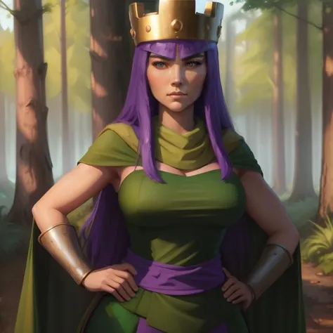 archer queen, green outfit, purple waist sash, hands on hips, expressionless,
forest, field,
<lora:ArcherQueen:0.9>