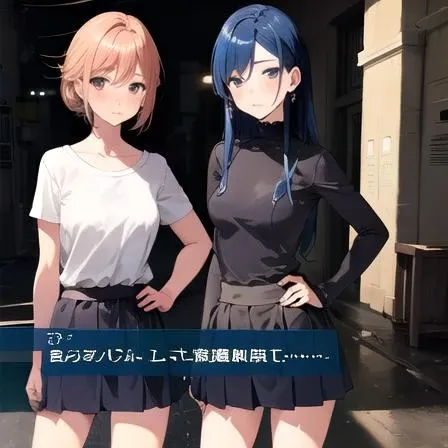 , masterpiece, Highest Quality, Highest Resolution, perfect background, perfect perspective, sharp image, perfect details, perfect lighting, perfect shadows, Perfect lighting, Best background, Visual Novel, dialogue box, text, game, user interface, anime style, 2girls, facing viewer, hand on hip, skirt, blushing,