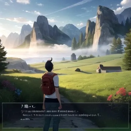, masterpiece, Highest Quality, Highest Resolution, perfect background, perfect perspective, sharp image, perfect details, perfect lighting, perfect shadows, Perfect lighting, Best background, Visual Novel, dialogue box, text, game, user interface, 1boy, backpack, gray pants, choker, pointed ears, distant cliffs, distant mountains, sun, sky, clouds, trees, birds, grass, bushes, flowers, fog, horror, facing viewer,
