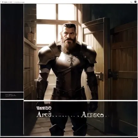 , masterpiece, Highest Quality, Highest Resolution, perfect background, perfect perspective, sharp image, perfect details, perfect lighting, perfect shadows, Perfect lighting, Best background, Visual Novel, dialogue box, text, game, user interface, 1boy, beard, armor, claymore, wooden door, guard,