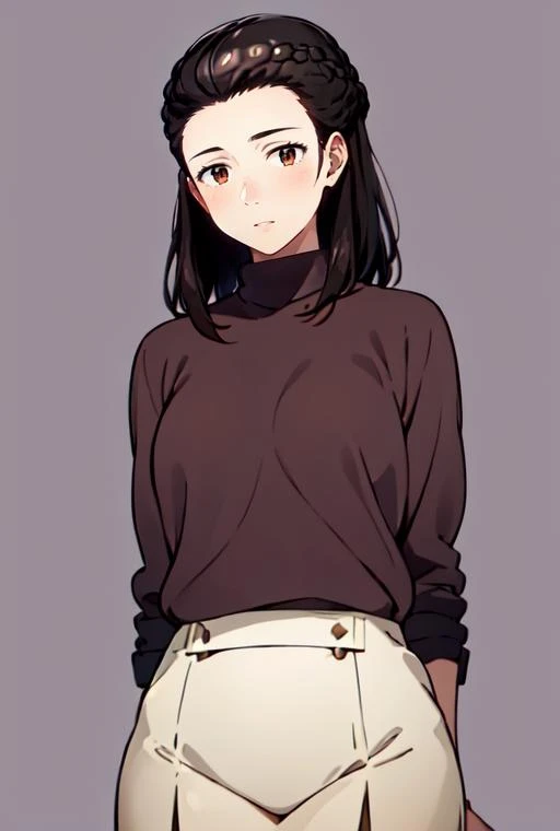 masterpiece, highres, 1girl,medium hair, <lora:NobukoIzumiR4:0.8>,NobukoIzumiR4, hair bulled back, black hair, brown eyes,( simple background ), upper body, purple sweater, transparent background