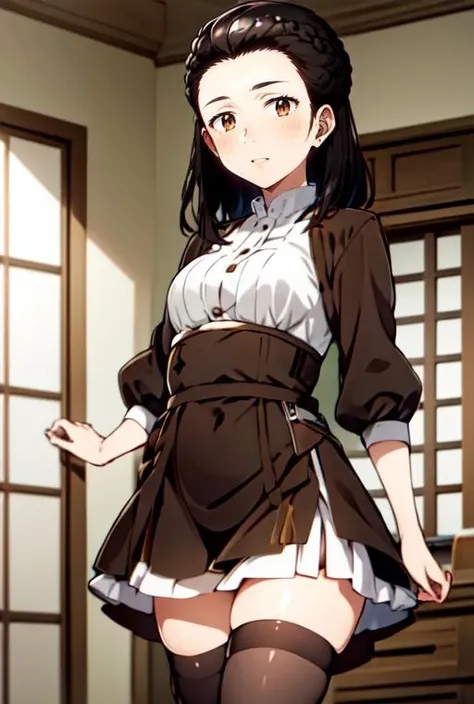 masterpiece, highres, 1girl,medium hair, <lora:NobukoIzumiR4:0.8>,NobukoIzumiR4, hair bulled back, black hair, brown eyes, dress, thighhighs