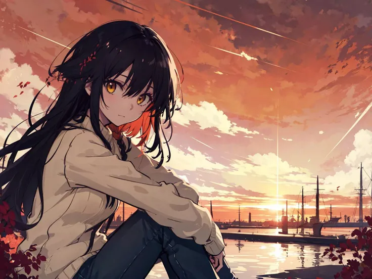 masterpiece, best quality, highres, 1girl, backlighting, bangs, black_hair, braid, evening, hair between_eyes, hair over shoulder, long hair, long sleeves, looking at viewer, orange sky, pants, red sky, sitting, sky, solo, sunset, sweater, vivid flare yellow eyes, (((lineart))),((low detail)),(simple),high contrast,sharp,2 bit,(((clean ink anime illustration))),Studio Ghibli,Makoto Shinkai,Hayao Miyazaki,Audrey Kawasaki