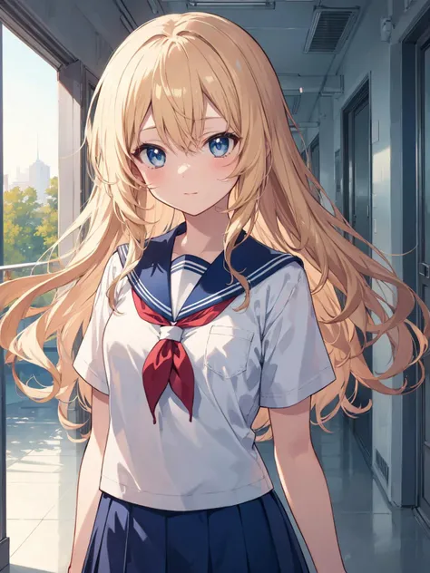 (anime), (illustration), cartoon, detailed, illustration, cartoon, soothing tones, calm colors, masterpiece, best quality, 1girl, school uniform, blue sailor collar, school hallway, long hair, wavy hair, blonde hair,, masterpiece, best quality, highly detailed