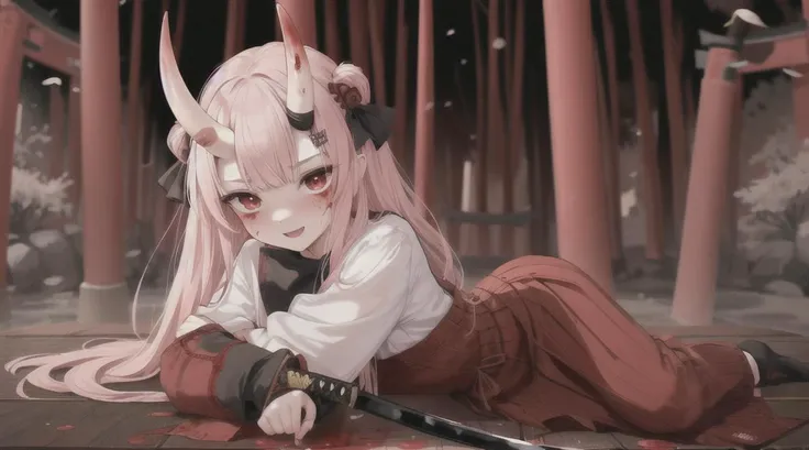 a murderer girl, full body, excited face, arrogant, blush, blood, bloody scene, abnormal, (Comes with Katana:1.1), lines on face
Oni horns, Oni, terror, detail of blood , samurai uniform, Half lying in the torii
masterpiece, best quality, Stunning detailed, Stunning Realism, stunning of background detail, stunning of outfit detail, Stunning of the clarity, Stunning of the face detailed, Stunning of the eyes detailed,