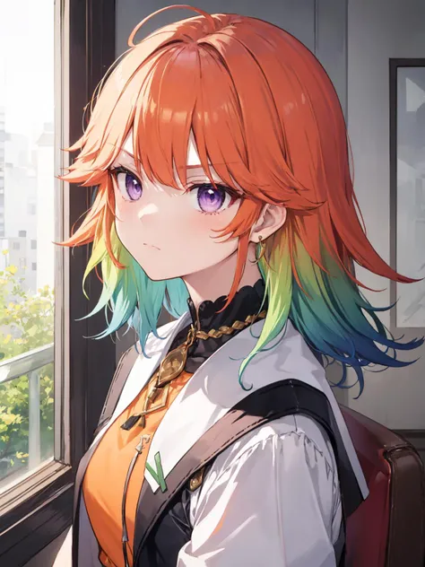 masterpiece, best quality, takanashi kiara, purple eyes, gradient hair, orange hair, green hair, disdain,