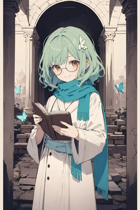 (paper-cut craft:1.2), masterpiece, 1girl, smile, wavy medium hair, green hair, brown eyes, round eyewear, short light blue scarf, larger white robe, light blue sleeves, brown sash, holding brown book, ancient ruins, butterflies flutter around, (flat color:1.2), detailed