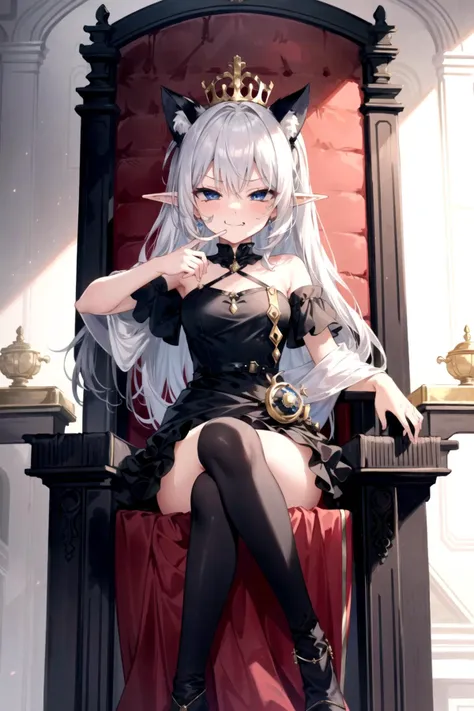 (masterpiece, best quality:1.4),1girl,(queen:1.2),(naughty_face:1.3),looking at viewer,sitting,chibi,gyaru,silver hair,elf ears,gothic,dress,black dress,indoors,(throne room:1.3),(throne:1.2),castle,