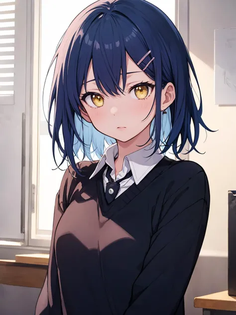 (anime), (illustration), cartoon, detailed, masterpiece, 1girl, black sweater, collared shirt, medium hair, blue hair, yellow eyes, shimokitazawa high school uniform, black sweater, hairclip