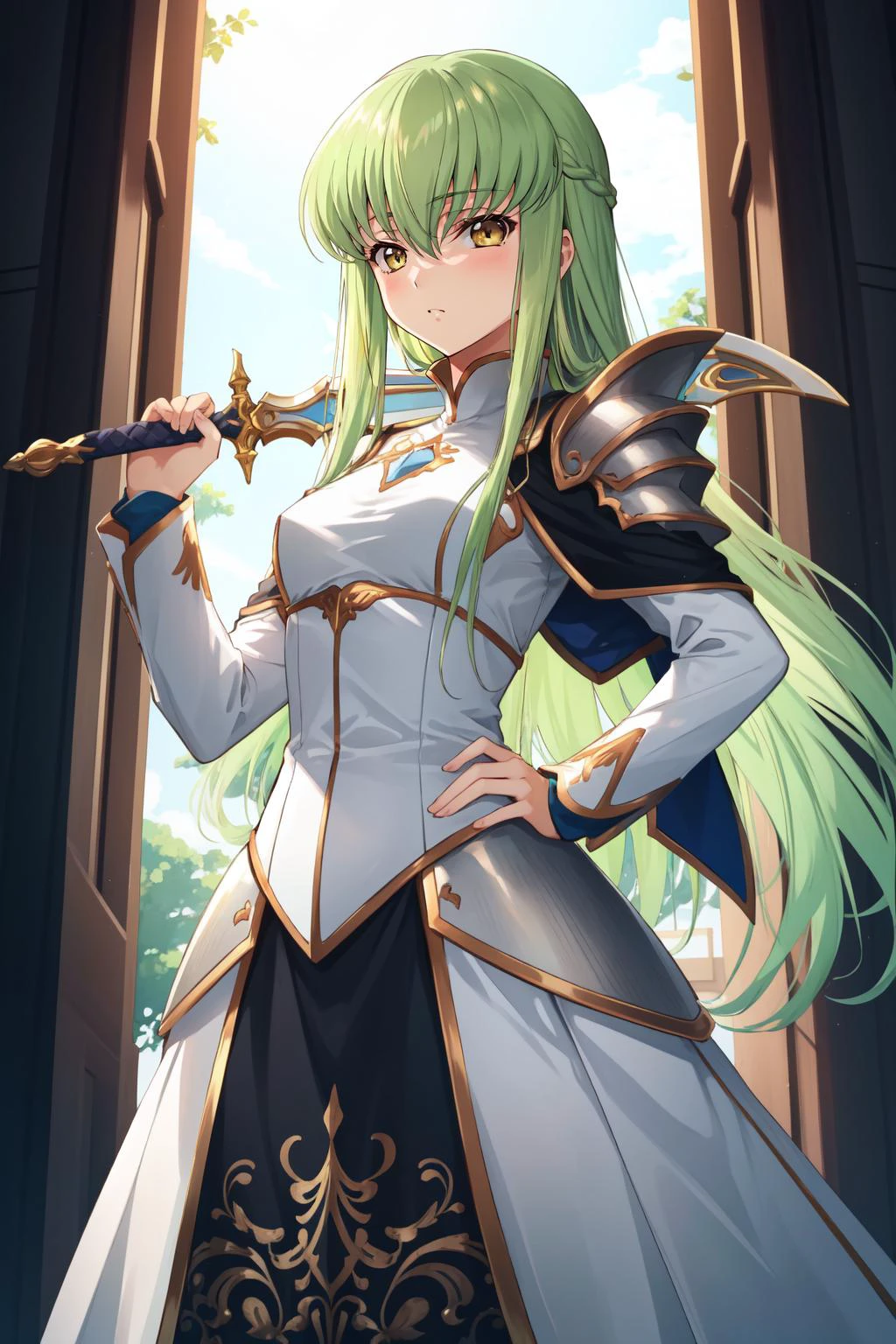 (masterpiece, best quality), intricate details,
1girl, <lora:cc_codegeas-10:0.8> cc_codegeass, hair between eyes, very long hair, white suit
<lora:Concept_SwordOverShoulder:0.8> weapon over shoulder, sword, 1girl, standing, armor, hand on hip,