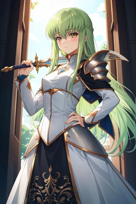 (masterpiece, best quality),  intricate details,
1girl, <lora:cc_codegeas-10:0.8> cc_codegeass, hair between eyes, very long hair, white suit
 <lora:Concept_SwordOverShoulder:0.8> weapon over shoulder, sword, 1girl, standing, armor, hand on hip,