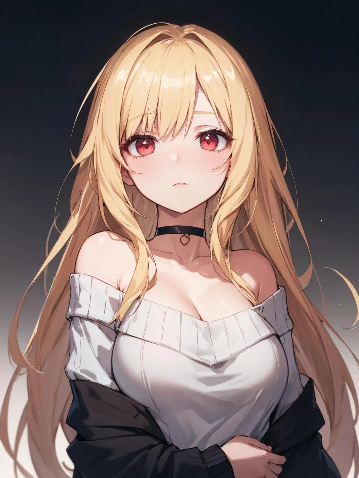 (anime), (illustration), cartoon, detailed, illustration, cartoon, soothing tones, calm colors, masterpiece, best quality, highres, freeze frame shot 1girl, solo, choker, off-shoulder sweater long hair blonde hair, multicolored hair, red eyes, large breasts, (cinematic look:1.2), soothing tones, insane details, intricate details, hyperdetailed, low contrast, soft cinematic light, exposure blend, faded, slate gray atmosphere