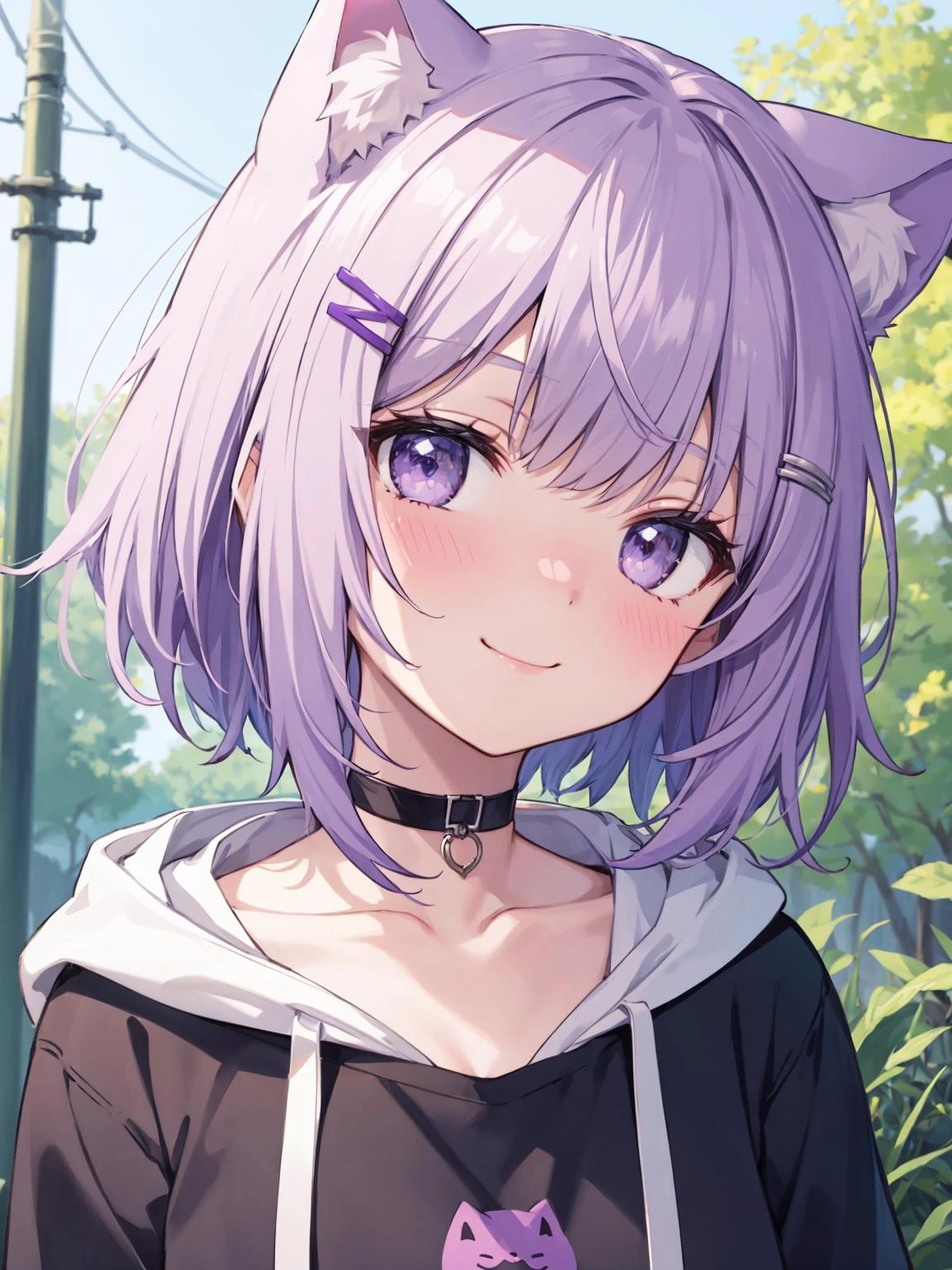 illustration, cartoon, soothing tones, calm colors, (anime), (illustration), cartoon, detailed, masterpiece, best quality, indors, blurry background, hairclip, cat ears, animal ear fluff, nekomata okayu, purple eyes, purple hair, upper body, blush, looking at viewer, happy, smile, nose blush, 1girl, shirt, solo, short hair, collarbone, black choker, black shirt, hooded shirt, choppy bangs,