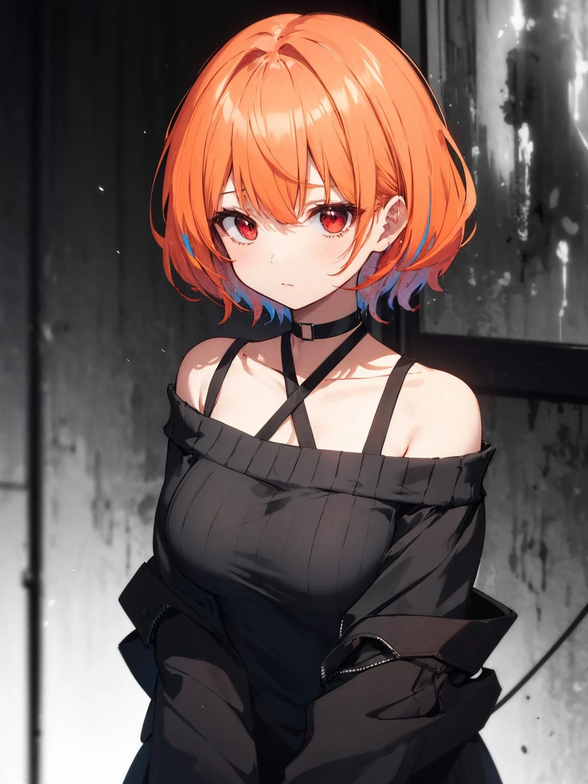 (anime), (illustration), cartoon, detailed, illustration, cartoon, soothing tones, calm colors, masterpiece, best quality, highres, freeze frame shot 1girl, solo, choker, off-shoulder sweater short hair, orange hair, multicolored hair, red eyes, large breasts, (cinematic look:1.2), soothing tones, insane details, intricate details, hyperdetailed, low contrast, soft cinematic light, exposure blend, faded, slate gray atmosphere